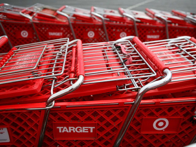 Target shopping carts sit in the parking lot outside of a Target store in Daly City, Calif. (credit: Justin Sullivan/Getty Images)