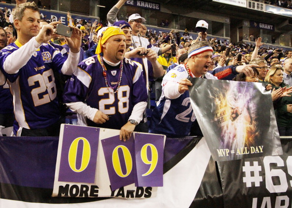 MINNEAPOLIS, MN - DECEMBER 30: Minnesota Vikings fans yell for Adrian Peterson after the game where he was 9 yards short of breaking the single season rushing record against the Green Bay Packers on December 30, 2012 at Mall of America Field at the Hubert H. Humphrey Metrodome in Minneapolis, Minnesota. The Vikings defeated the Packers 37-34. (Photo by Andy Clayton King/Getty Images)