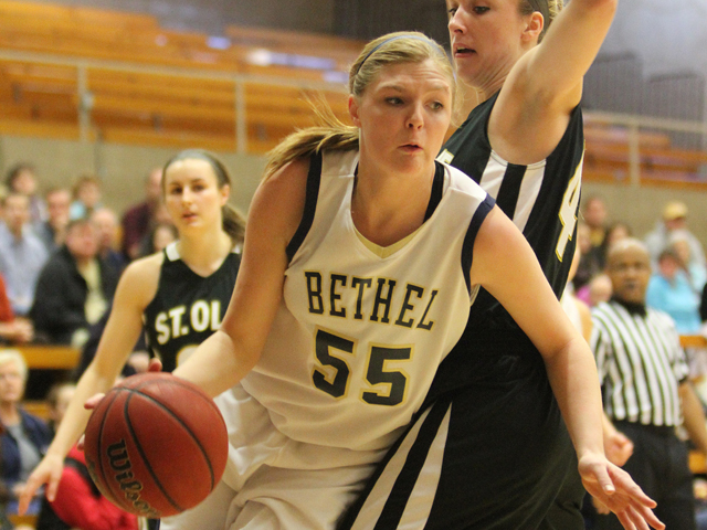 Bethel freshman basketball star Rachel Parupsky dominated in the MIAC in points, rebounds and blocks to net national Rookie of the Year honors -- but she grapples with an irrational fear of cereal. (credit: Bethel/Carl Schmuland)