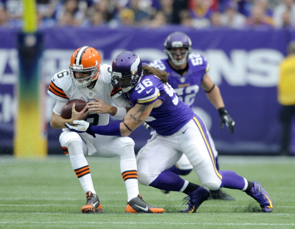 MINNEAPOLIS, MN - SEPTEMBER 22: Brian Robison #96 of the Minnesota Vikings sacks Brian Hoyer #6 of the Cleveland Browns during the game on September 22, 2013 at Mall of America Field at the Hubert H. Humphrey Metrodome in Minneapolis, Minnesota. (Photo by Hannah Foslien/Getty Images)