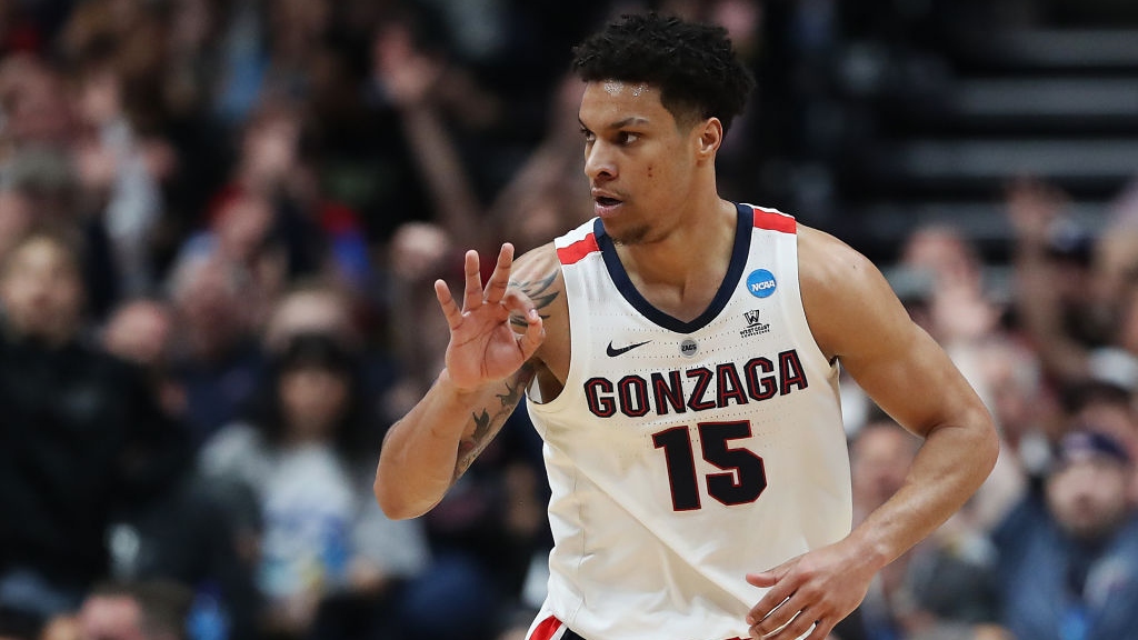 Brandon Clarke #15 of the Gonzaga Bulldogs celebrates after his team's made three pointer against the Texas Tech Red Raiders during the first half of the 2019 NCAA Men's Basketball Tournament West Regional at Honda Center on March 30, 2019 in Anaheim, California.
