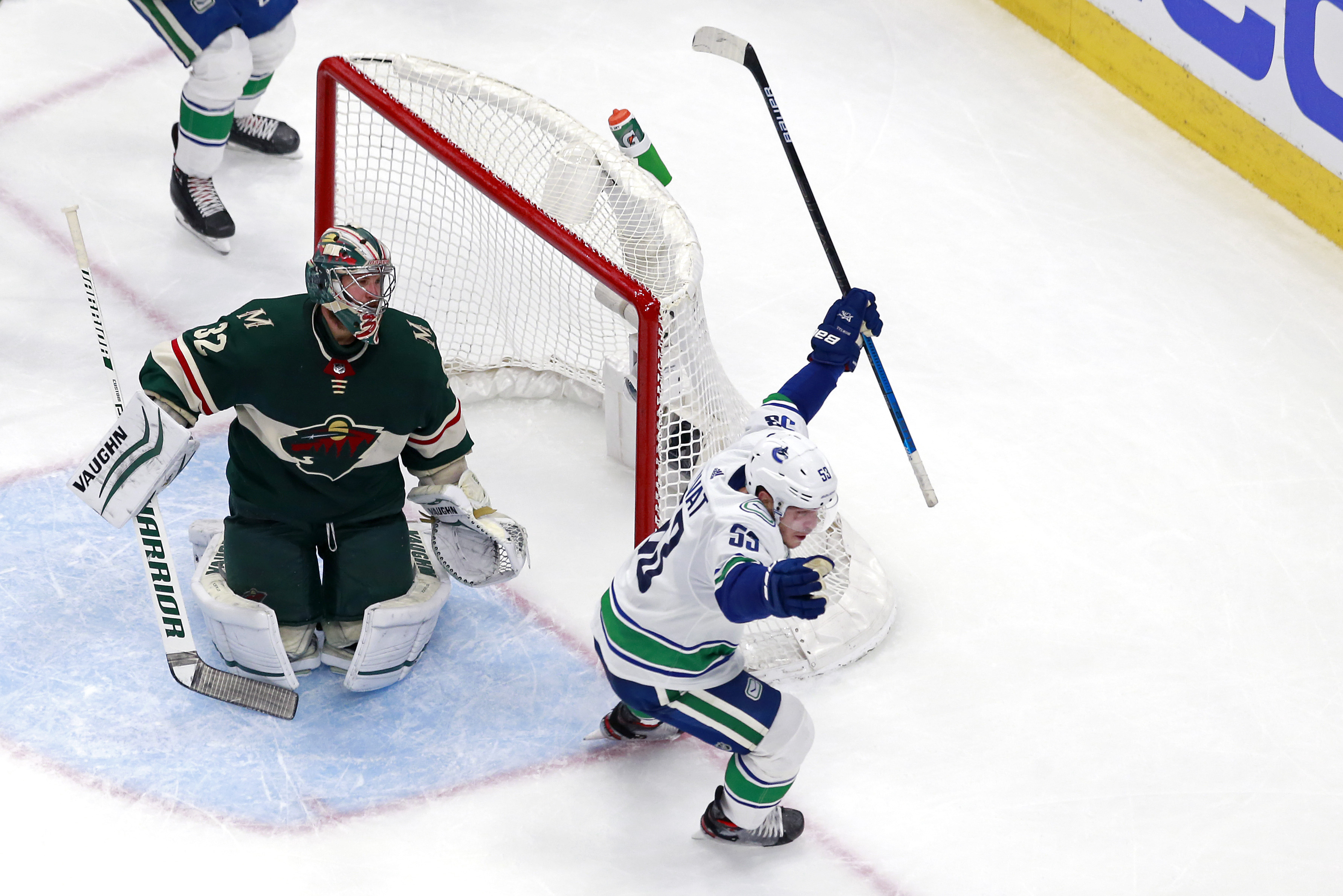Bo Horvat pictured celebrating a goal, as the Minnesota Wild got eliminated.